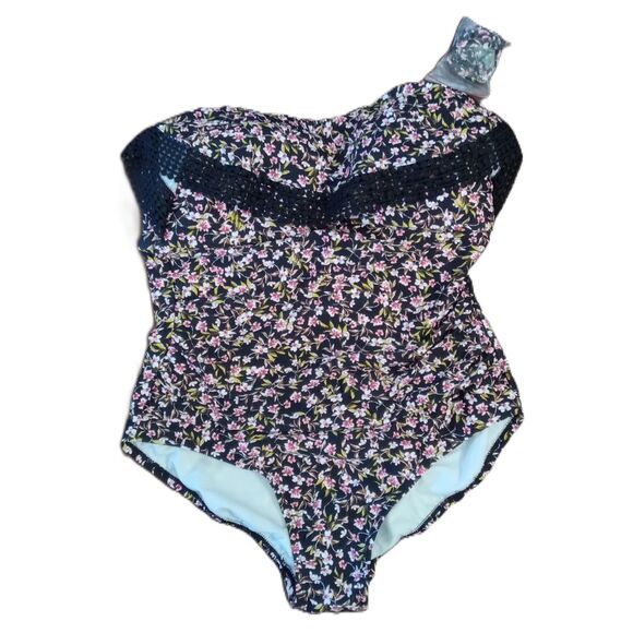 NEW! Kona Sol Large Women's Black Floral 1-PC Medium Coverage Swimsuit - Picture 1 of 4